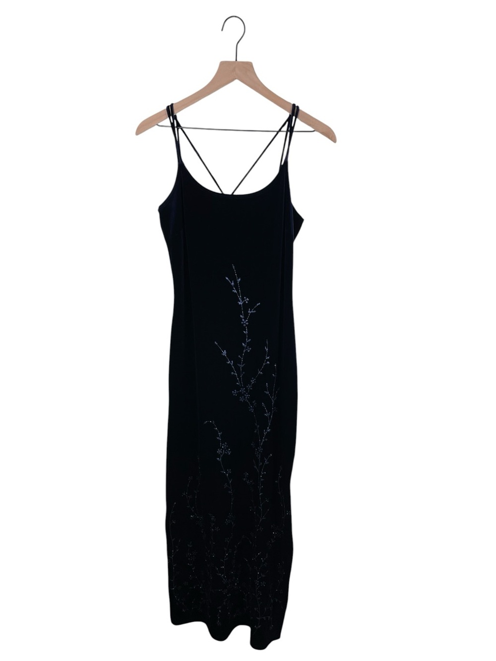 Vintage 90s Y2K Deep Blue Velvet Glitter Flower Maxi Dress Whimsigoth Fairycore - Picture 11 of 12